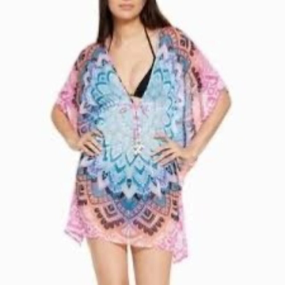 Y Bleu by Rod Beattie Plus Size Multicolored Printed Caftan Coverup